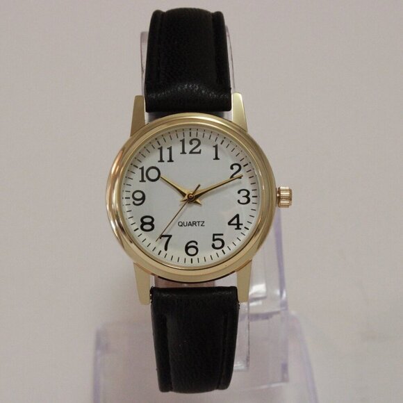 Ladies Easy Reader Dress Quartz Watch Gold-toned Black Strap White Dial 28mm - Picture 3 of 12
